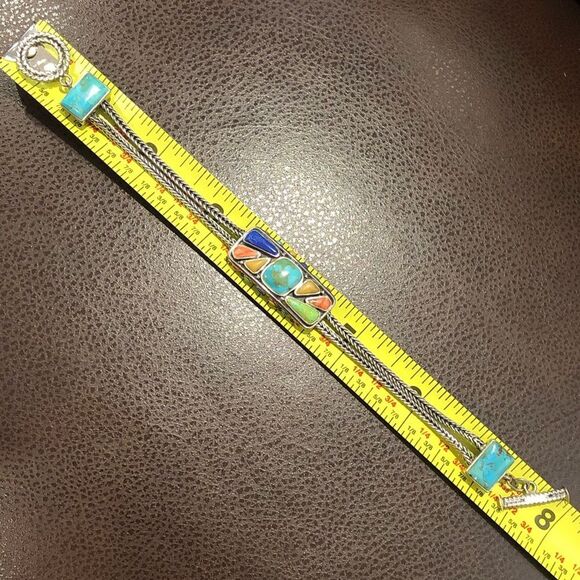 BARSE Sterling Silver Turquoise Coral Lapis Cabochon Thai Weave Toggle Bracelet - Picture 8 of 15